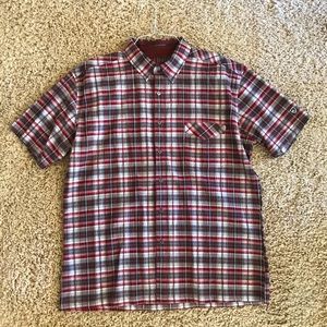 Mens KUHL red,gray,and white plaid collared shirt.